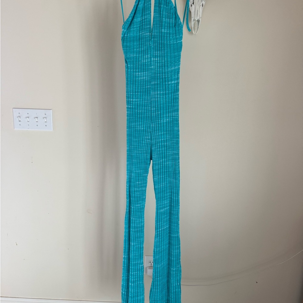 Zara Teal Ribbed Halter Jumpsuit